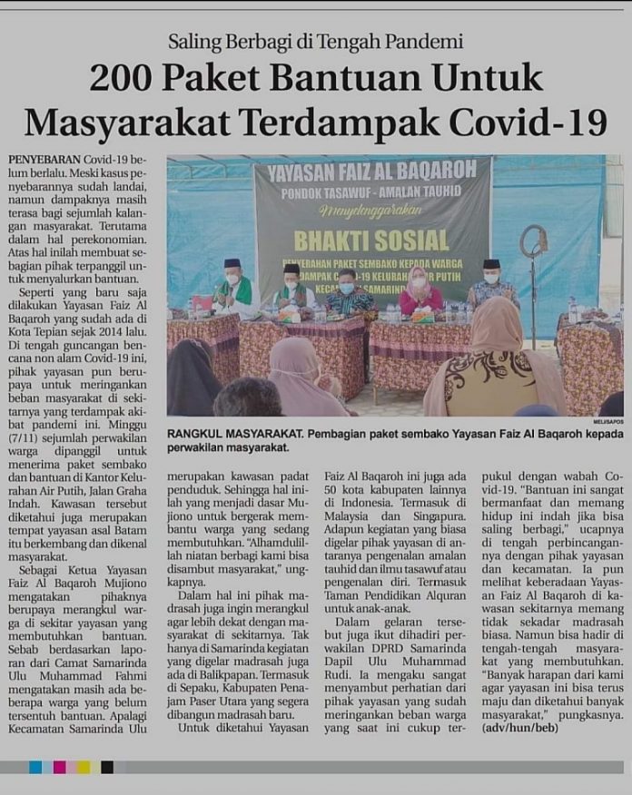 Madrasah Faiz Al Baqarah Pondok Samarinda Bagikan 200 Paket Bantuan Untuk Masyarakat Terdampak Covid-19